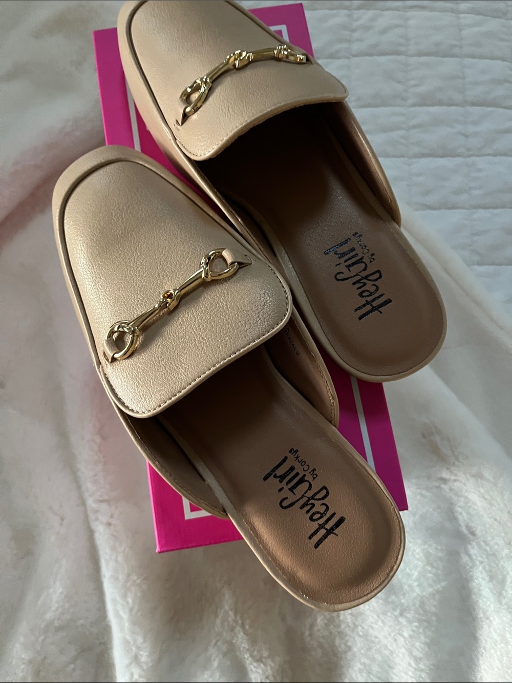 Corkys Cream Backless Loafers with Gold Bit
